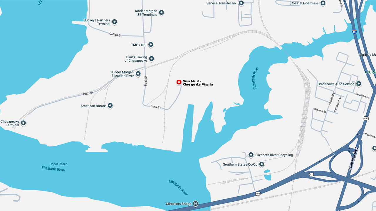 Map of the Sims Metals Chesapeake, Va., scrap metal yard location. (Courtesy of Google)